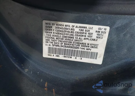 2010 Honda Odyssey Lx z USA, uszkodzony, nr VIN 5FNRL3H28AB065509